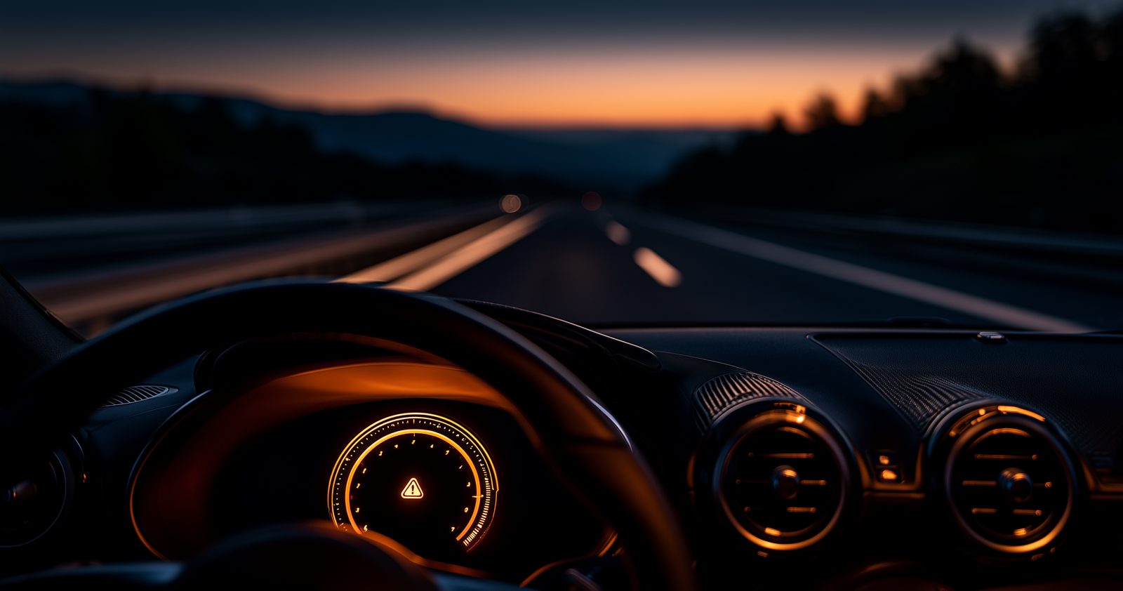 Night highway at dusk seen from inside a car, an amber warning symbol lit on the dashboard